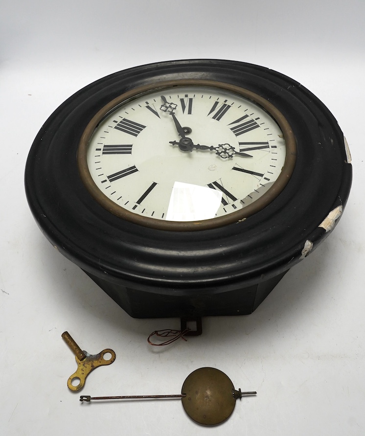 A late 19th century circular wall timepiece, dial 24.5cm. Condition - poor